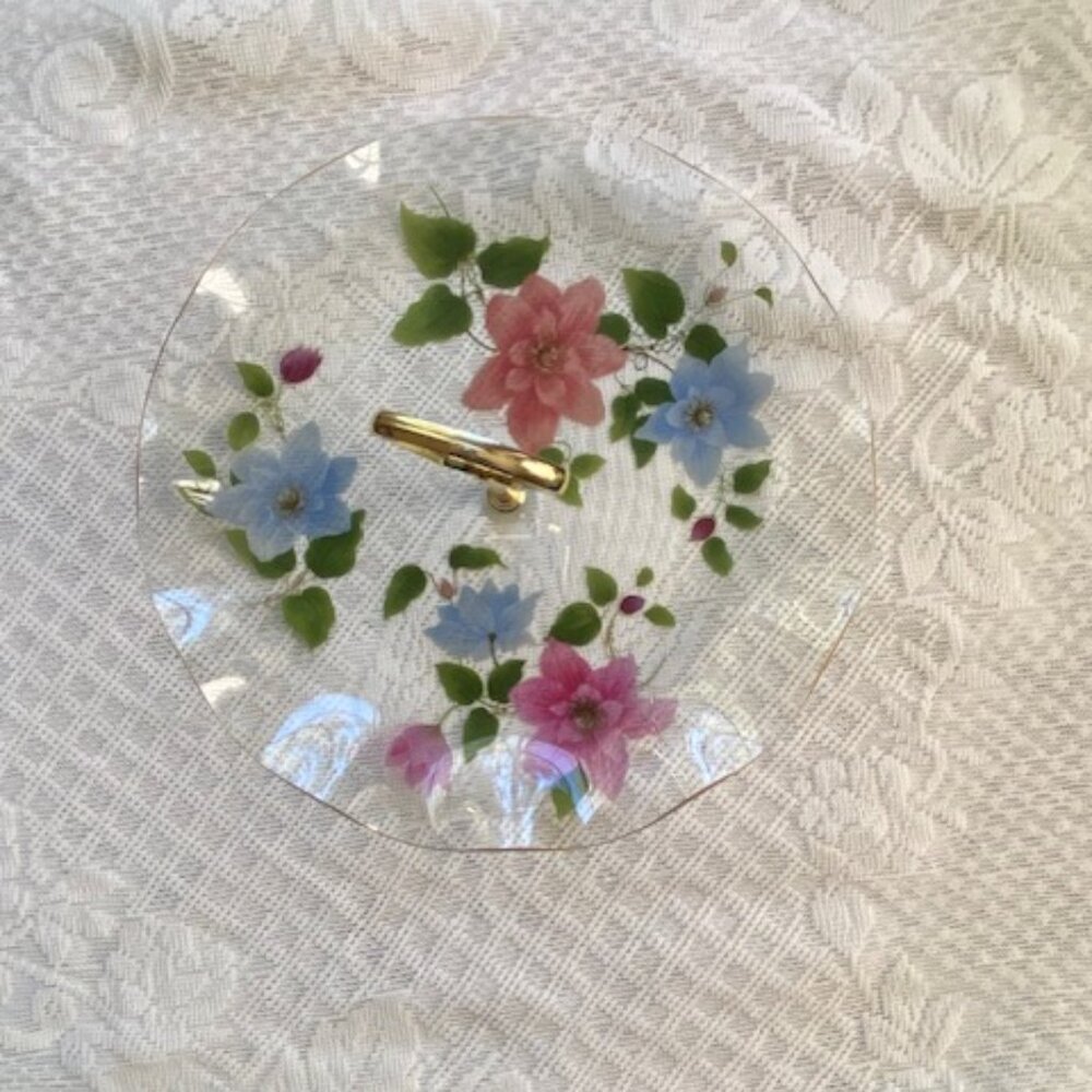 Glass serving plate with pink and blue flowers